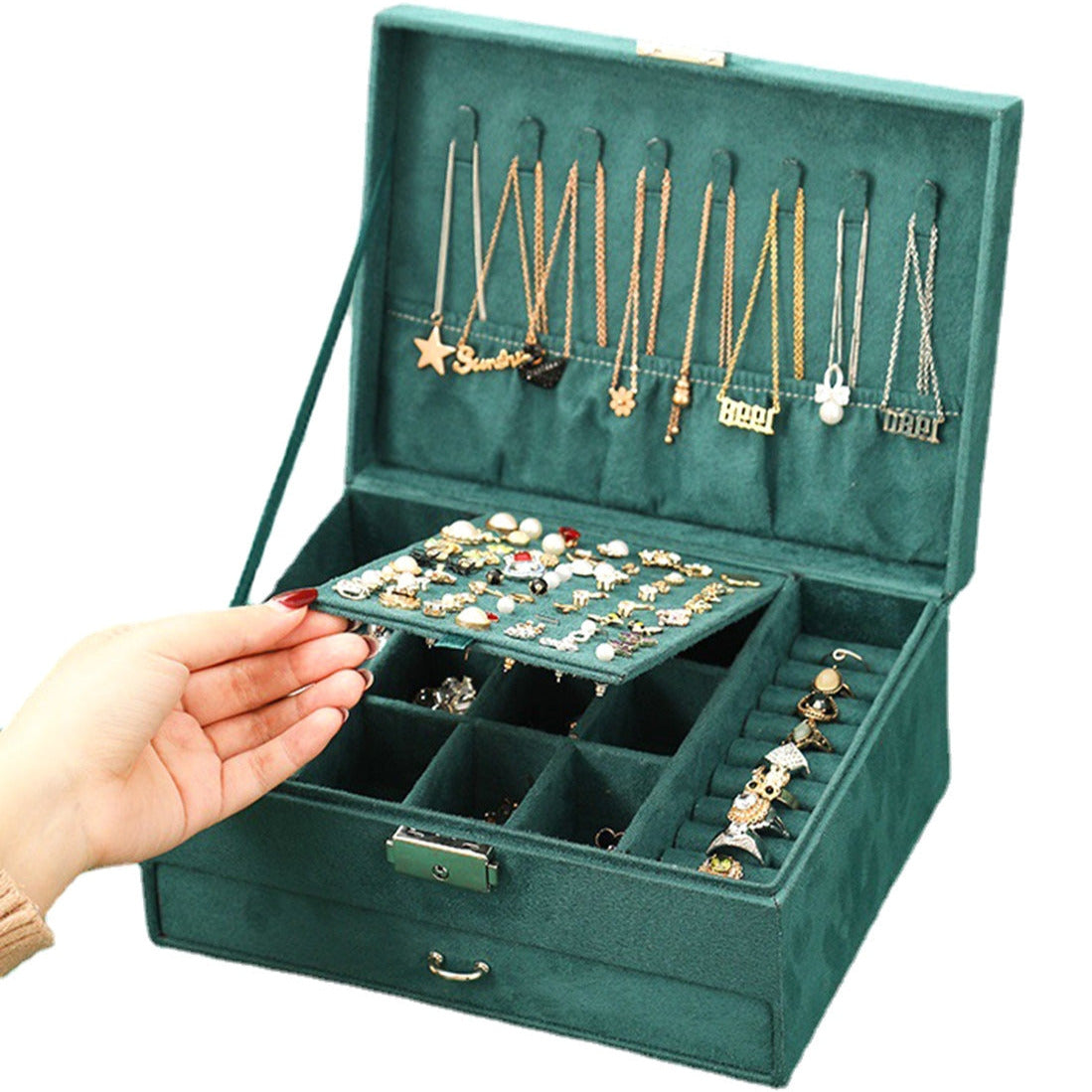 Organizator pentru bijuterii, Zola®, din material moale, placut la atingere, verde, inchidere zavor metalic, 23x17x10.5 cm Organizator pentru bijuterii, Zola®, din material moale, placut la atingere, verde, inchidere zavor metalic, 23x17x10.5 cm